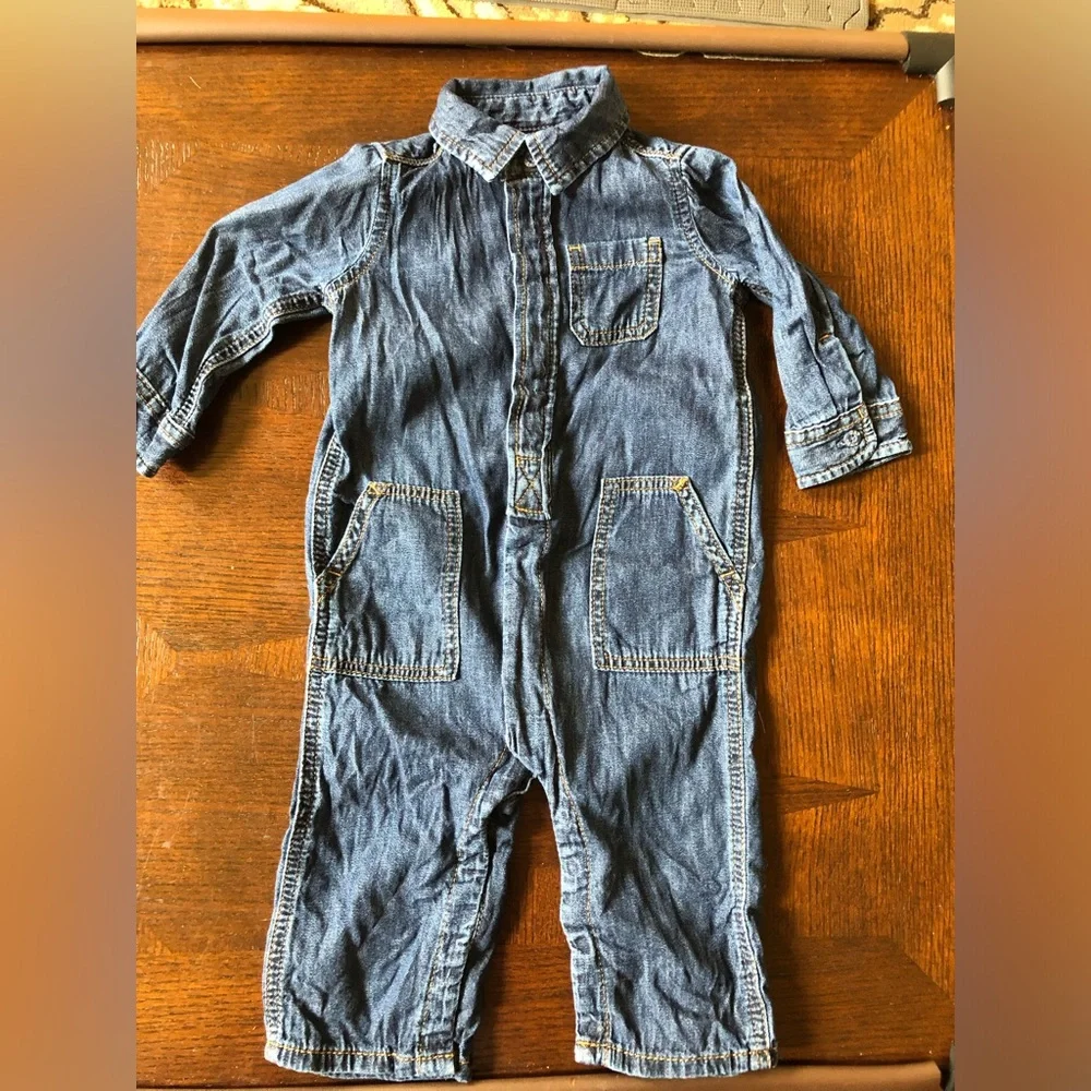 4/$20 Baby Gap Snap Up Denim Blue Jeans Long Sleeve & Pants Jumpsuit Sz 6-12 Mo